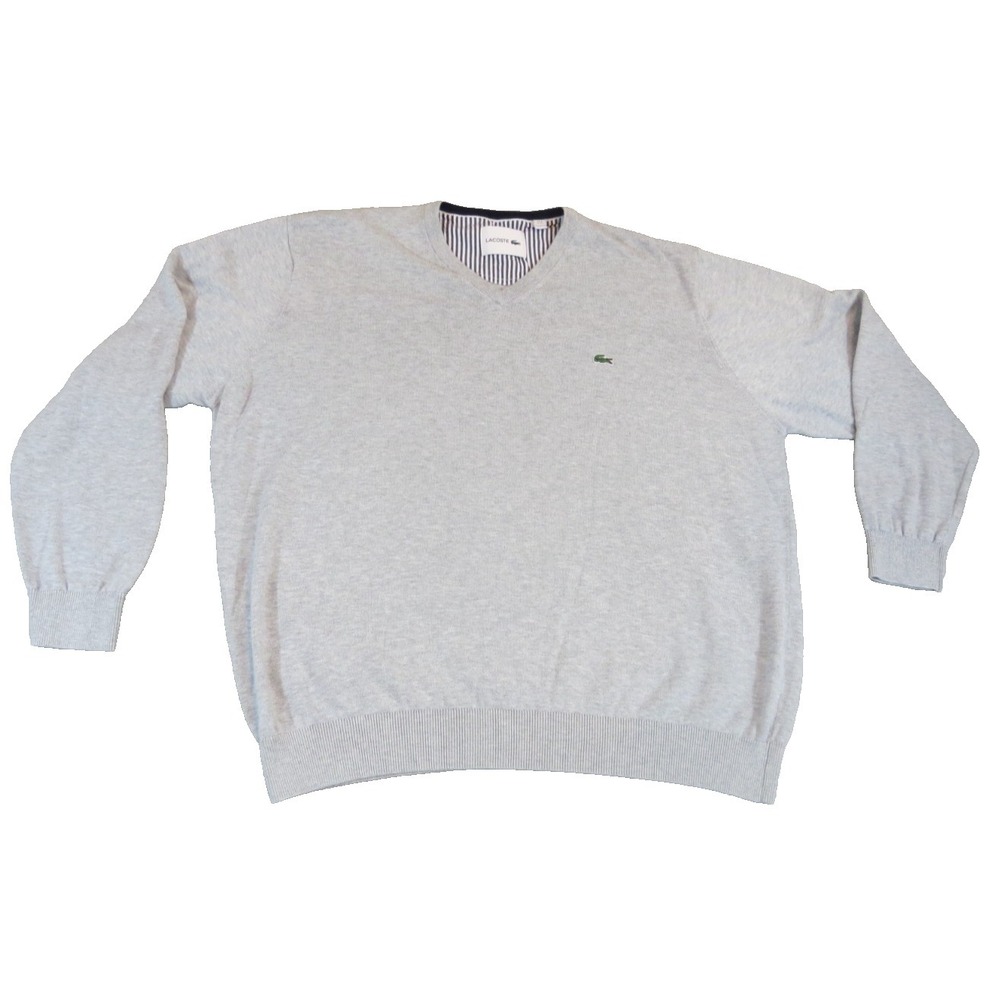 Lacoste Sweater Men 3XL Gray V Neck FR 8 Cotton Knit Classic Pullover Crocodile